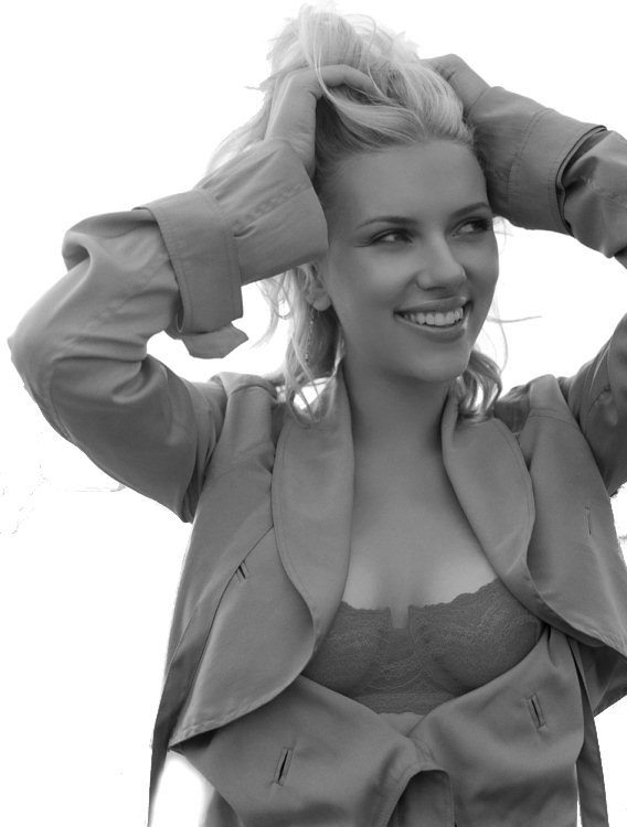Scarlett Johansson in sexy lingerie outside, showing red bra and smiling